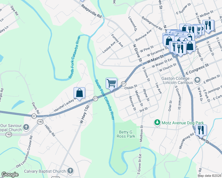 map of restaurants, bars, coffee shops, grocery stores, and more near 668 Riverside Drive in Lincolnton