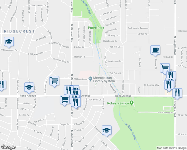 map of restaurants, bars, coffee shops, grocery stores, and more near 8200 National Avenue in Midwest City
