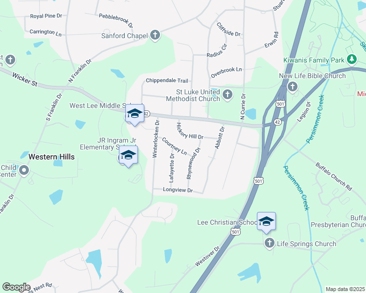 map of restaurants, bars, coffee shops, grocery stores, and more near 3109 Hickory Hill Drive in Sanford