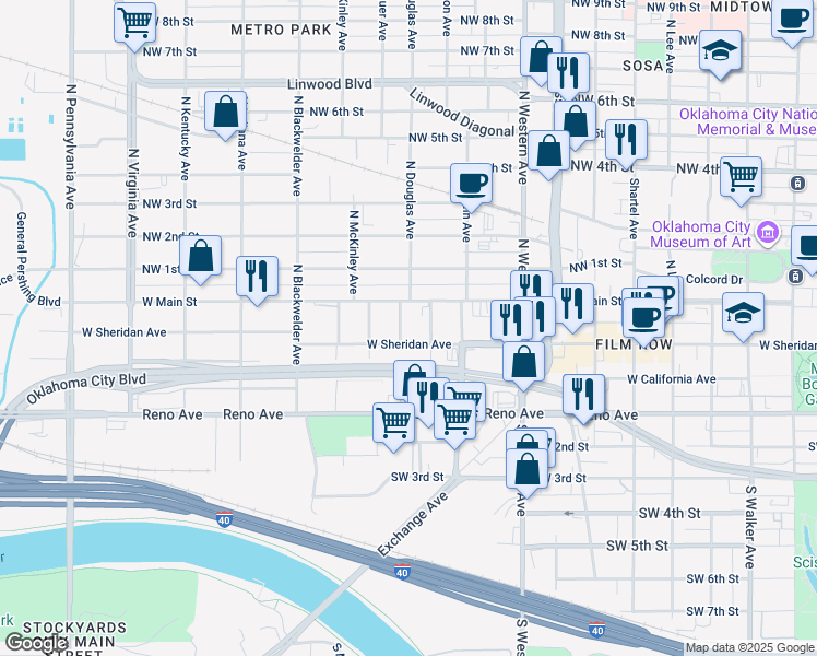 map of restaurants, bars, coffee shops, grocery stores, and more near 1236 West Main Street in Oklahoma City