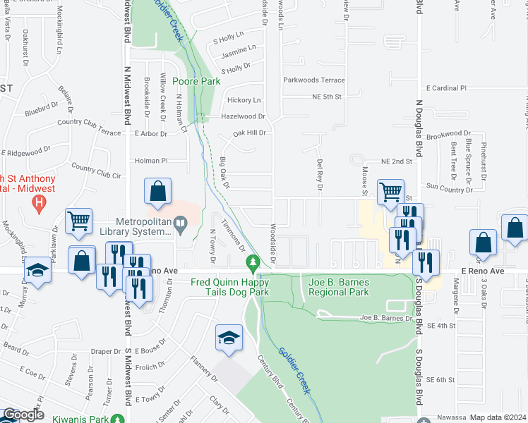 map of restaurants, bars, coffee shops, grocery stores, and more near 1120 Tall Oaks Drive in Midwest City