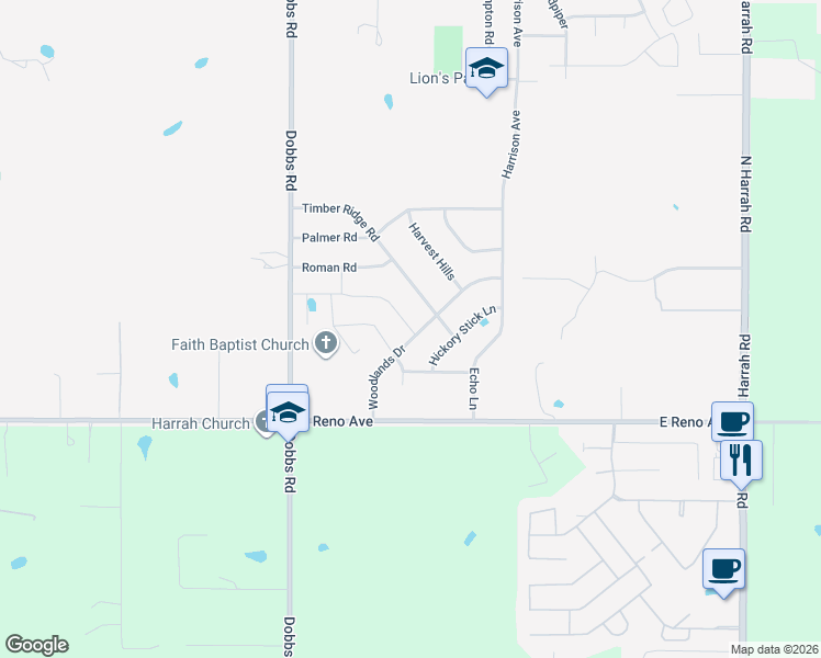 map of restaurants, bars, coffee shops, grocery stores, and more near 221 Park Lane in Harrah