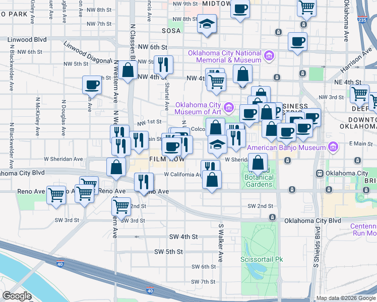 map of restaurants, bars, coffee shops, grocery stores, and more near 630 West Main Street in Oklahoma City