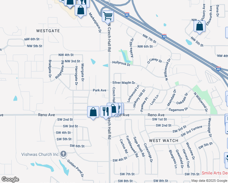 map of restaurants, bars, coffee shops, grocery stores, and more near Czech Hall Place in Oklahoma City