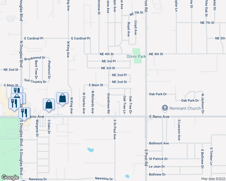 map of restaurants, bars, coffee shops, grocery stores, and more near 9693 Oak Tree Terrace in Midwest City