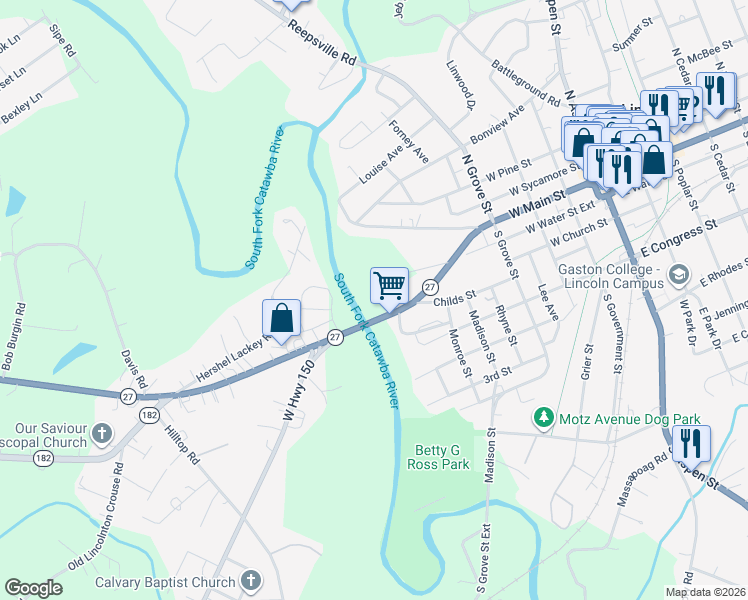 map of restaurants, bars, coffee shops, grocery stores, and more near 668 Riverside Drive in Lincolnton