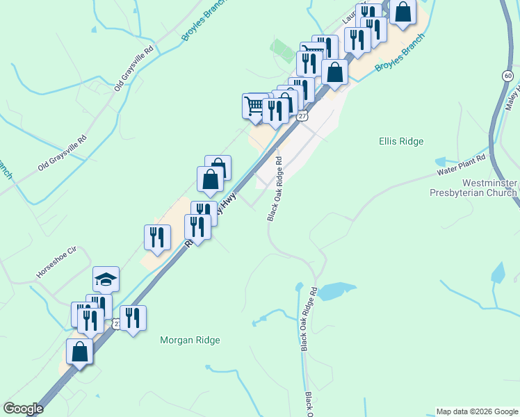 map of restaurants, bars, coffee shops, grocery stores, and more near 204 South Pine Street in Dayton