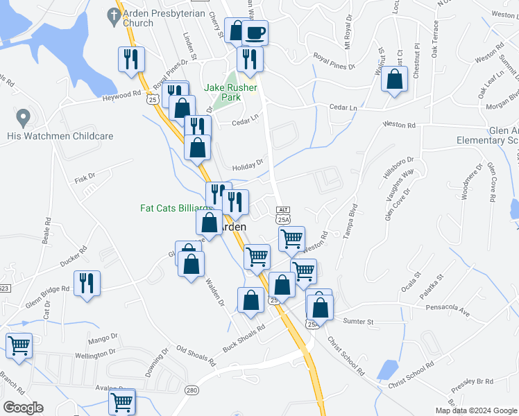 map of restaurants, bars, coffee shops, grocery stores, and more near 303 Avalon Park Circle in Arden