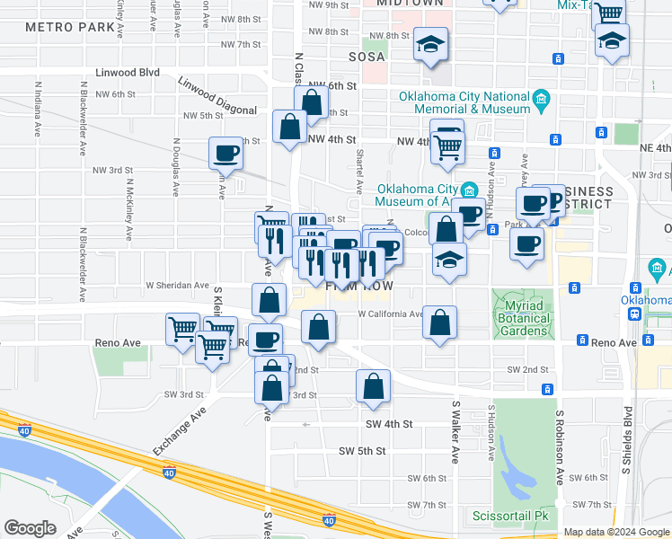 map of restaurants, bars, coffee shops, grocery stores, and more near 828 West Main Street in Oklahoma City