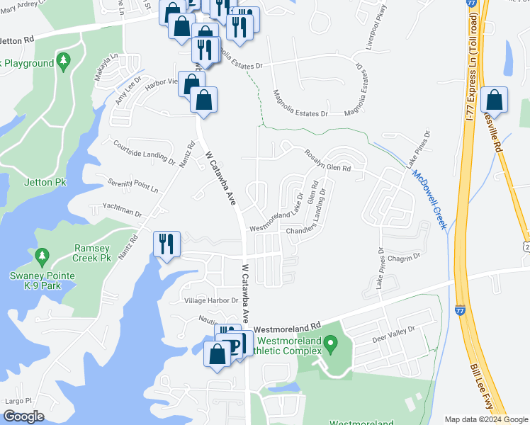 map of restaurants, bars, coffee shops, grocery stores, and more near 18935 Cloverstone Circle in Cornelius