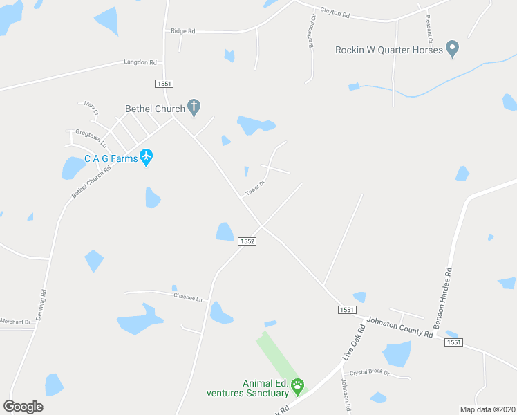 map of restaurants, bars, coffee shops, grocery stores, and more near 2134 Johnston County Road in Angier