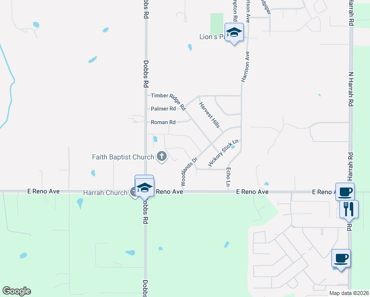 map of restaurants, bars, coffee shops, grocery stores, and more near 221 Park Lane in Harrah