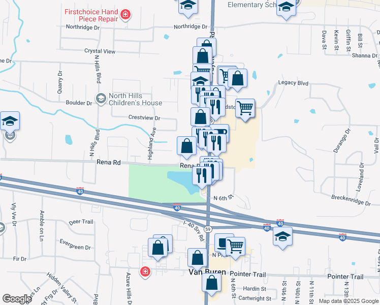map of restaurants, bars, coffee shops, grocery stores, and more near 150 Cedar Creek Court in Van Buren