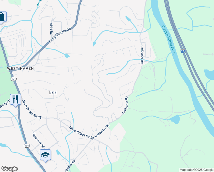 map of restaurants, bars, coffee shops, grocery stores, and more near 43 Springhead Court in Arden