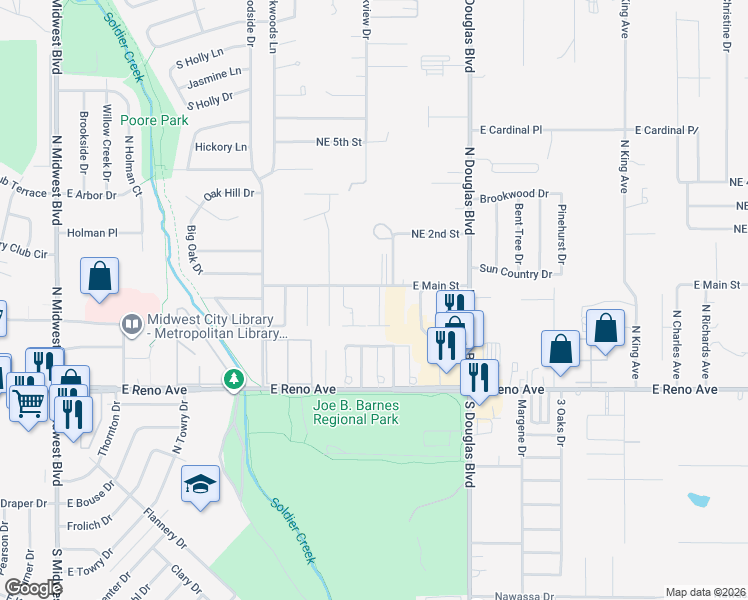map of restaurants, bars, coffee shops, grocery stores, and more near 8700 East Main Street in Midwest City