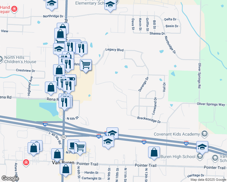 map of restaurants, bars, coffee shops, grocery stores, and more near 2052 Kilgore Lane in Van Buren