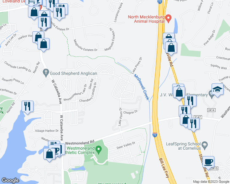 map of restaurants, bars, coffee shops, grocery stores, and more near 17536 Harbor Walk Drive in Cornelius