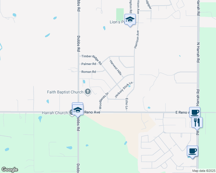 map of restaurants, bars, coffee shops, grocery stores, and more near 221 Park Lane in Harrah