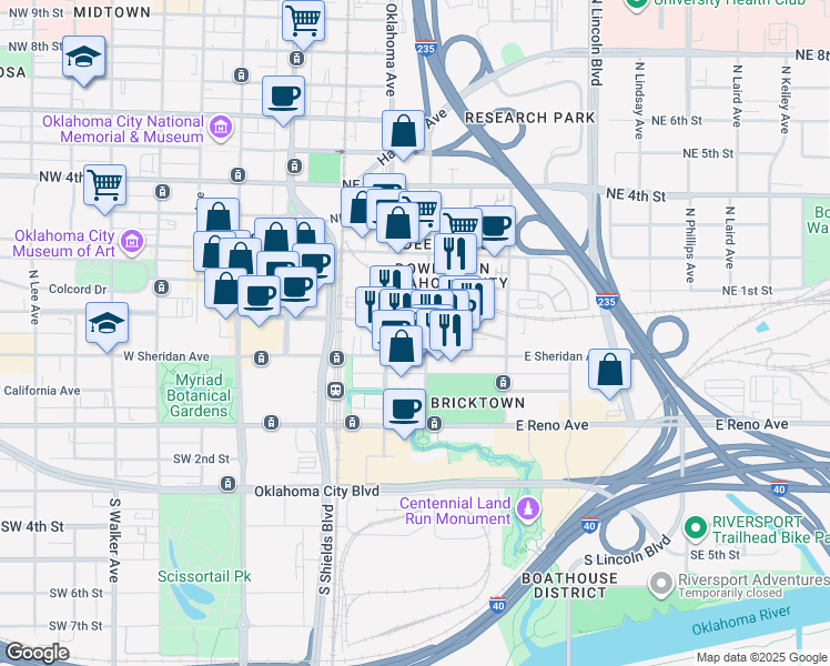 map of restaurants, bars, coffee shops, grocery stores, and more near 200 East Main Street in Oklahoma City