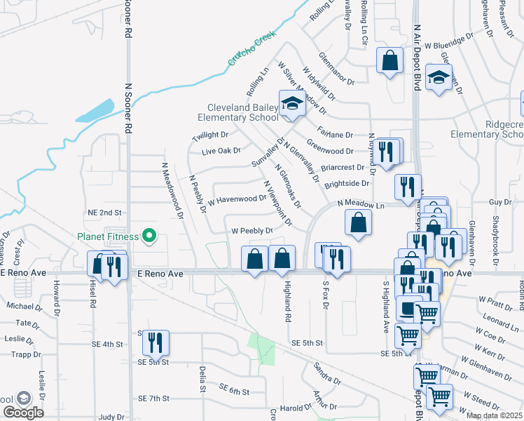 map of restaurants, bars, coffee shops, grocery stores, and more near 1012 West Havenwood Drive in Midwest City