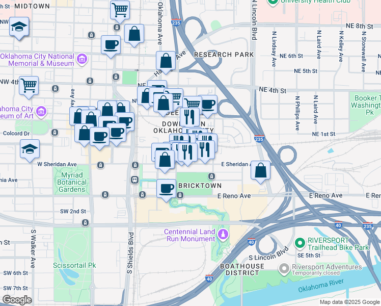 map of restaurants, bars, coffee shops, grocery stores, and more near 219 East Main Street in Oklahoma City