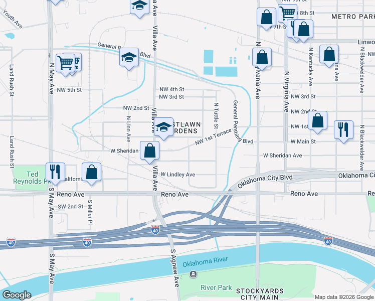 map of restaurants, bars, coffee shops, grocery stores, and more near 2407 Northwest 1st Terrace in Oklahoma City