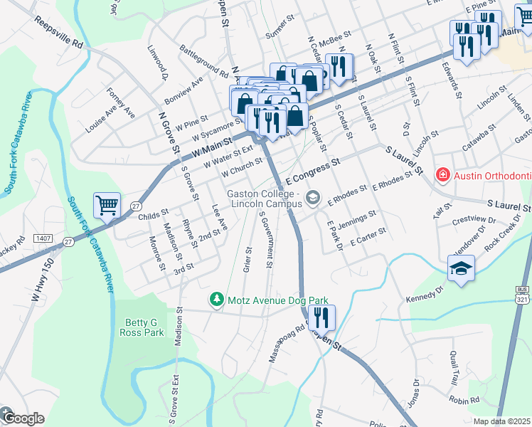 map of restaurants, bars, coffee shops, grocery stores, and more near 483 South Government Street in Lincolnton