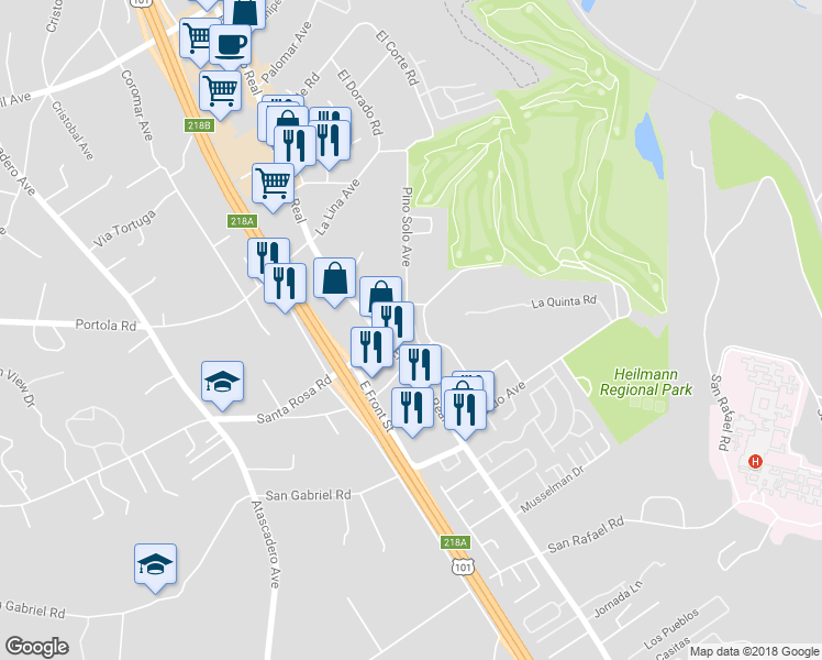 map of restaurants, bars, coffee shops, grocery stores, and more near 9500 Casa Bella Court in Atascadero