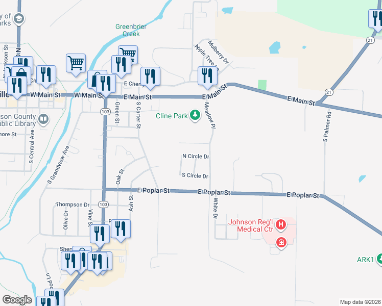 map of restaurants, bars, coffee shops, grocery stores, and more near 135 North Circle Drive in Clarksville