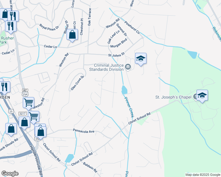 map of restaurants, bars, coffee shops, grocery stores, and more near 24 Glen Cove Road in Arden