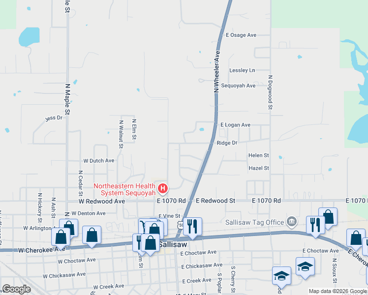 map of restaurants, bars, coffee shops, grocery stores, and more near 400 Ridge Drive in Sallisaw
