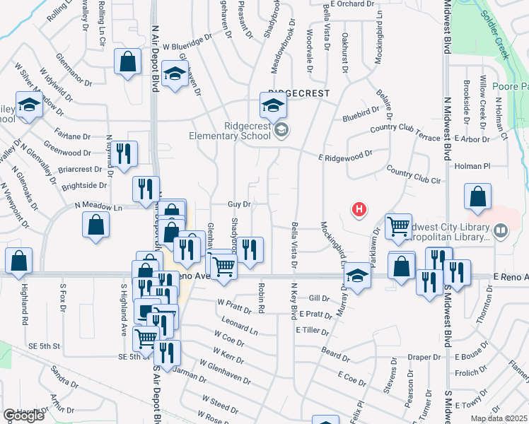 map of restaurants, bars, coffee shops, grocery stores, and more near 2913 Robin Road in Midwest City