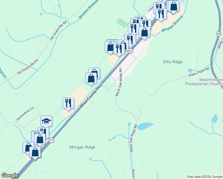map of restaurants, bars, coffee shops, grocery stores, and more near 204 South Pine Street in Dayton