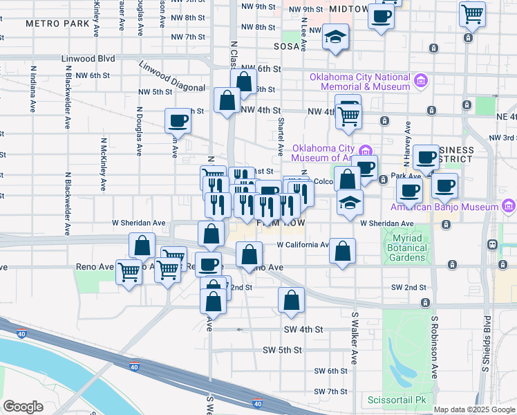 map of restaurants, bars, coffee shops, grocery stores, and more near 828 West Main Street in Oklahoma City