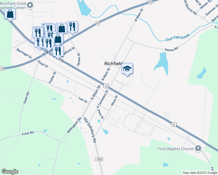 map of restaurants, bars, coffee shops, grocery stores, and more near U.S. Route 52 in Richfield