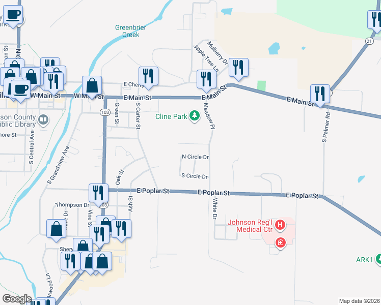 map of restaurants, bars, coffee shops, grocery stores, and more near 135 North Circle Drive in Clarksville