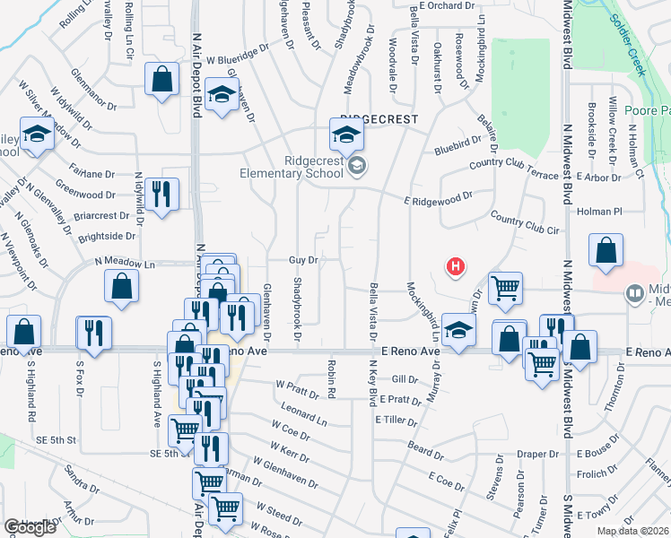 map of restaurants, bars, coffee shops, grocery stores, and more near 2907 Robin Road in Midwest City