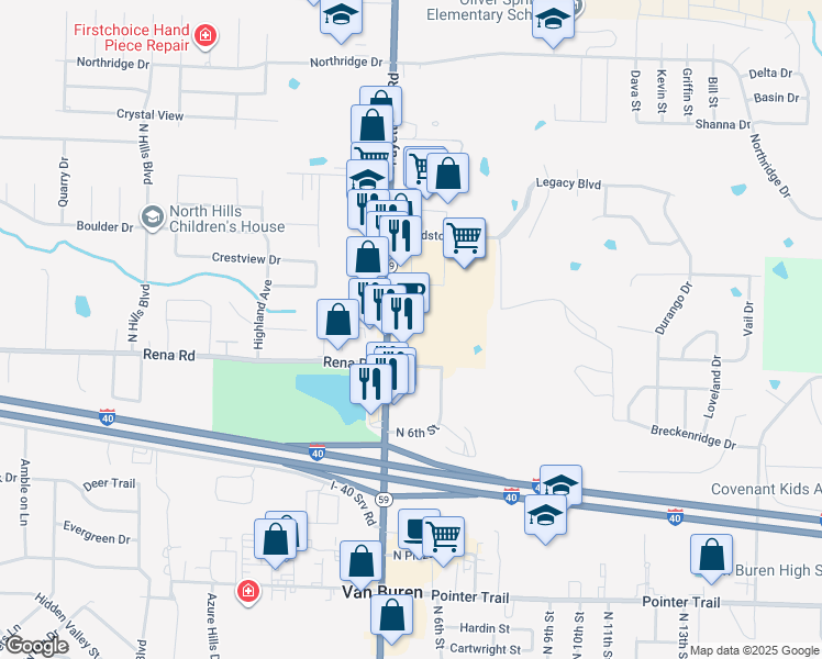 map of restaurants, bars, coffee shops, grocery stores, and more near 2034 Fayetteville Road in Van Buren