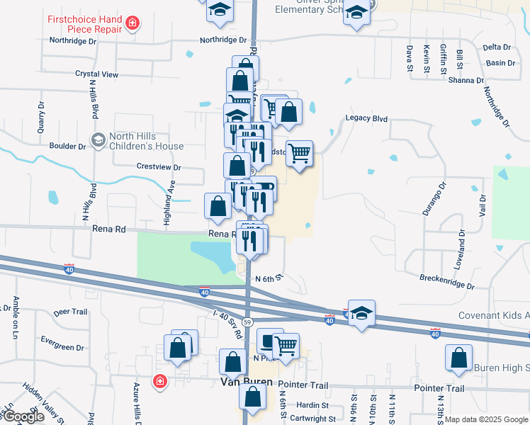 map of restaurants, bars, coffee shops, grocery stores, and more near 2034 Fayetteville Road in Van Buren