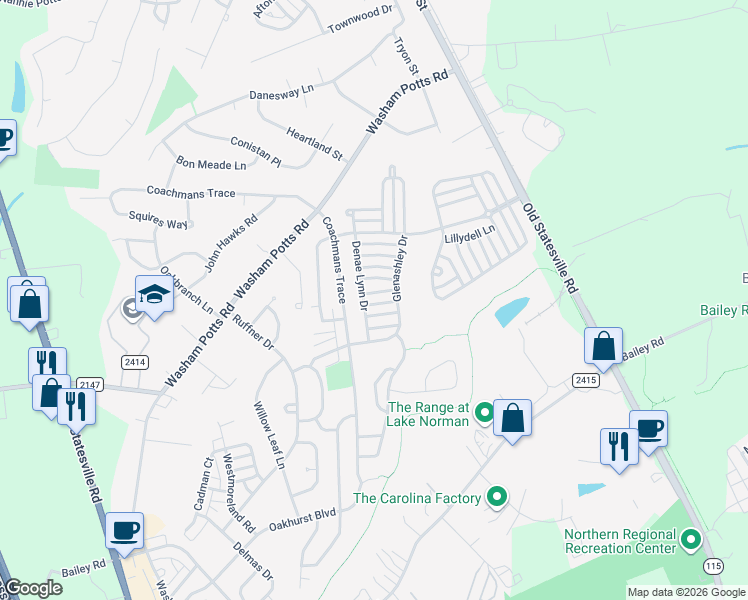map of restaurants, bars, coffee shops, grocery stores, and more near 9426 Jornada Lane in Cornelius