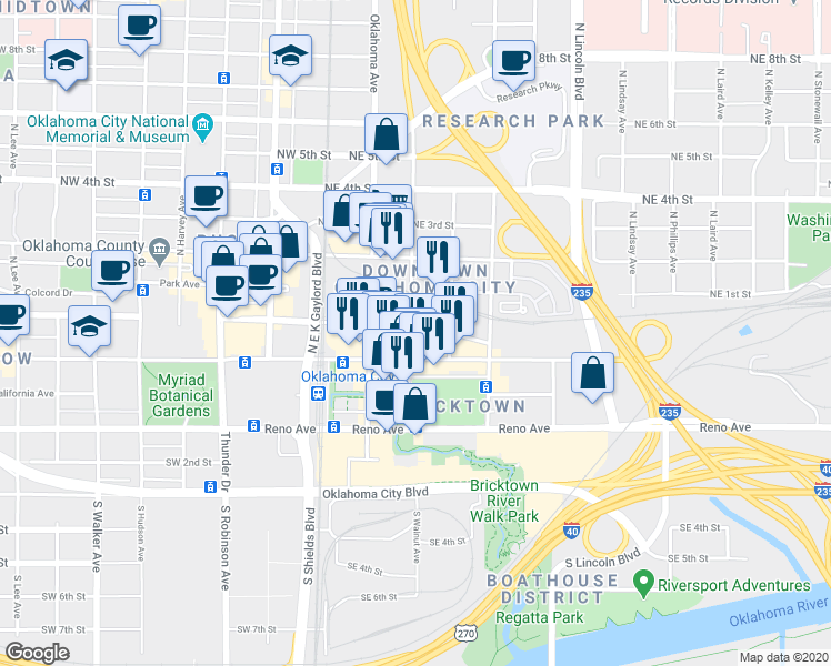 map of restaurants, bars, coffee shops, grocery stores, and more near 200 East Main Street in Oklahoma City