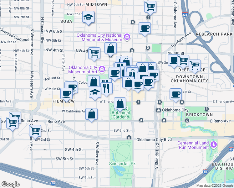 map of restaurants, bars, coffee shops, grocery stores, and more near 333 West Sheridan Avenue in Oklahoma City