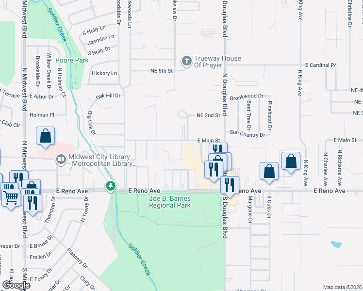 map of restaurants, bars, coffee shops, grocery stores, and more near 8801 East Main Street in Midwest City