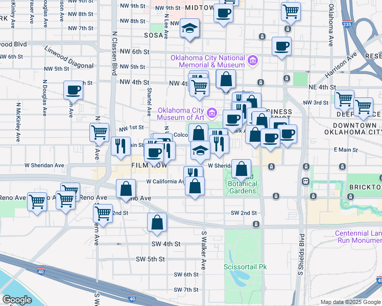 map of restaurants, bars, coffee shops, grocery stores, and more near 520 West Main Street in Oklahoma City