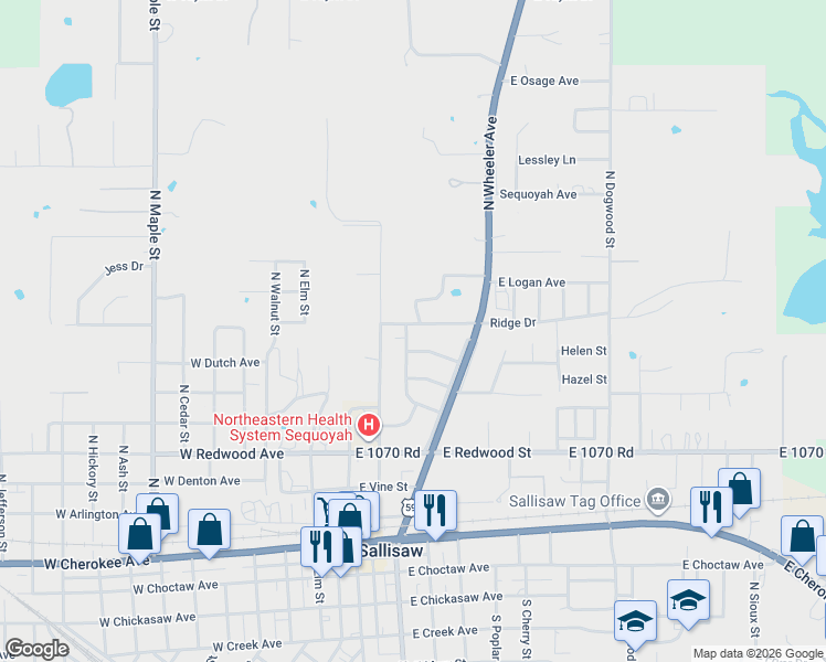 map of restaurants, bars, coffee shops, grocery stores, and more near 400 Ridge Drive in Sallisaw