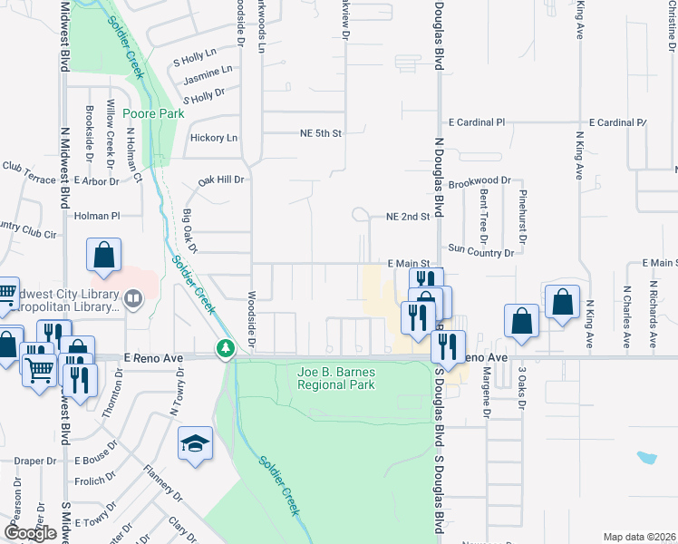 map of restaurants, bars, coffee shops, grocery stores, and more near 8700 East Main Street in Midwest City