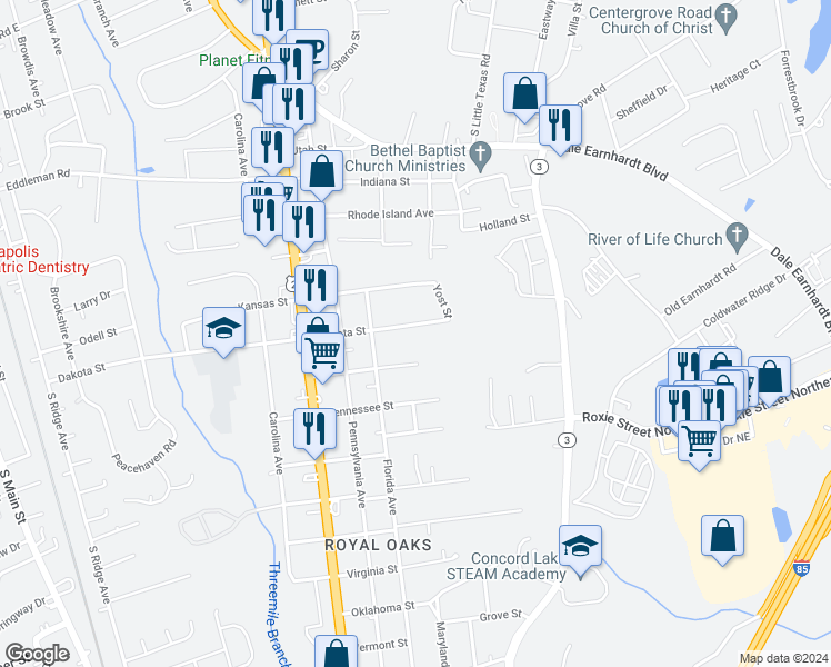 map of restaurants, bars, coffee shops, grocery stores, and more near 1010 Dakota Street in Kannapolis