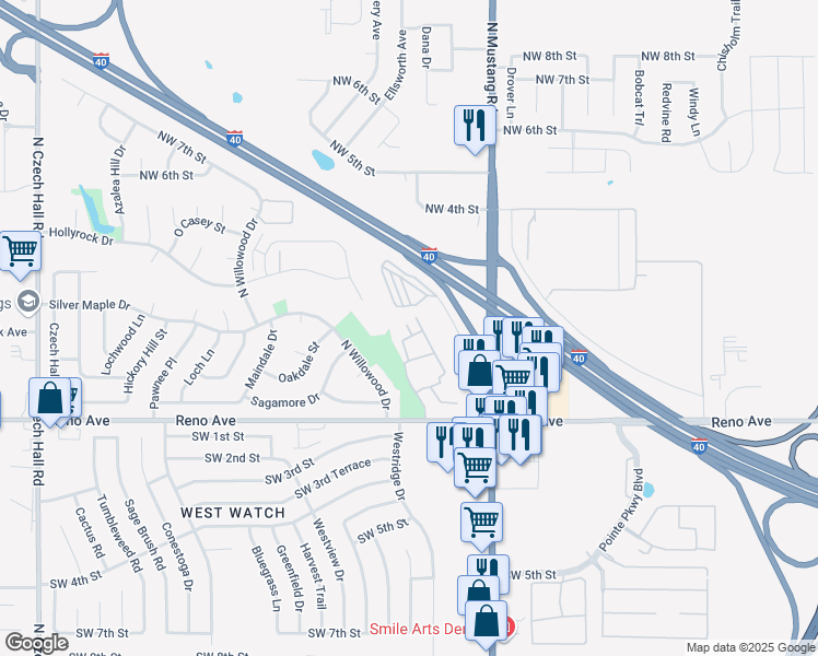 map of restaurants, bars, coffee shops, grocery stores, and more near 11501 Lochwood Drive in Yukon