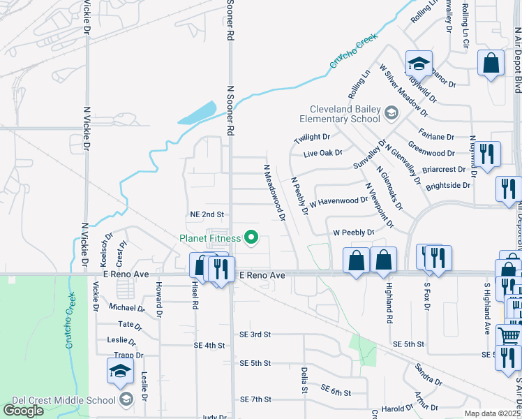 map of restaurants, bars, coffee shops, grocery stores, and more near 1318 Verna Marie Drive in Midwest City