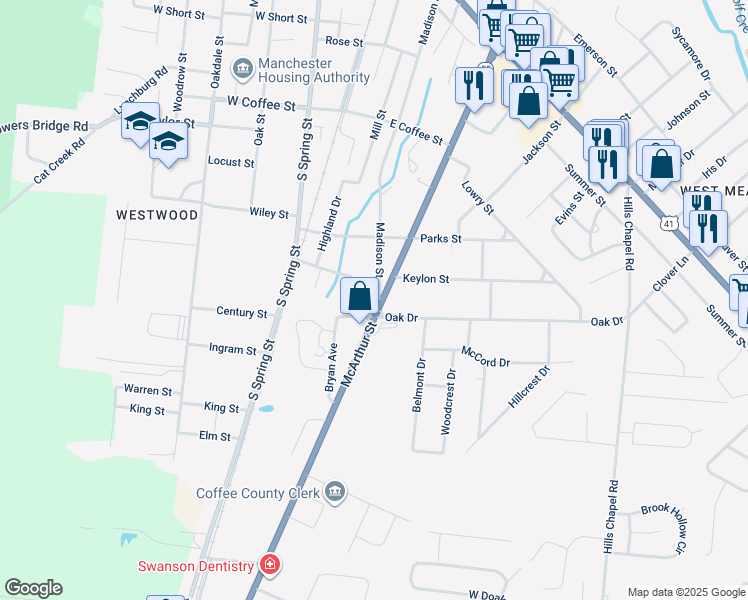 map of restaurants, bars, coffee shops, grocery stores, and more near 1110 Madison Street in Manchester